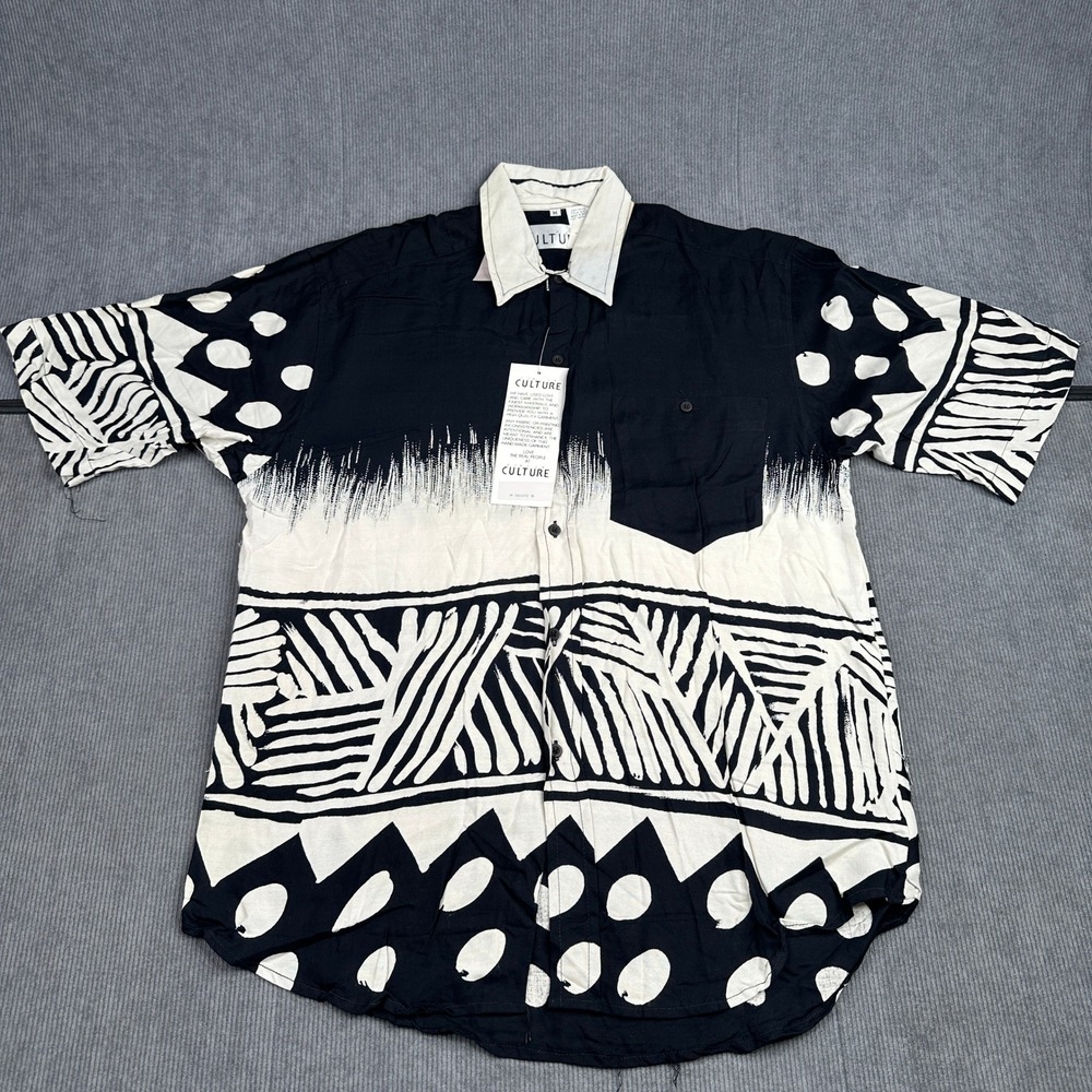 Modern Culture Mens Tribal Geometric Print Rayon Button Down Shirt Black White M